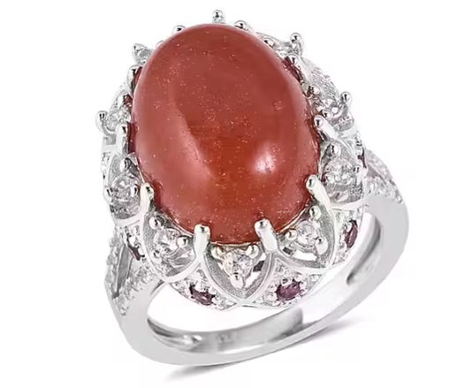 Red Jade and Rhodium Ring