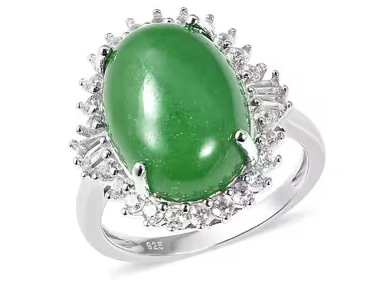 Rhodium Ring With a Large Green Jade Stone