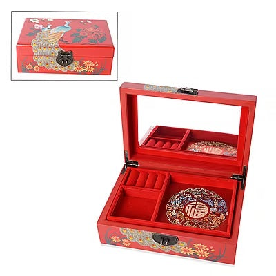 Two-Layer Chinese Lacquer Peacock Pattern Jewellery Box