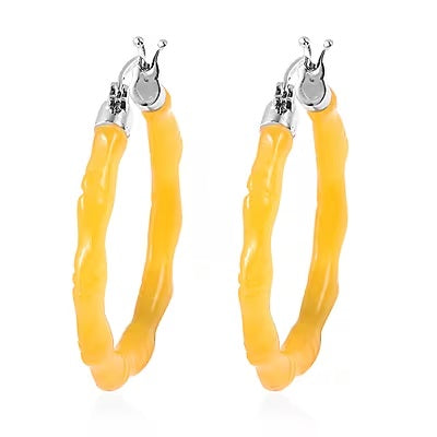 Yellow Jade Carved Bamboo Hoop Earrings