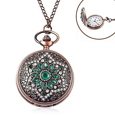 Emerald and White Flower Pattern Pocket Watch