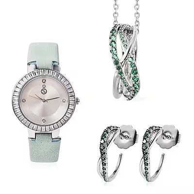 Green Themed Watch and Jewellery Set