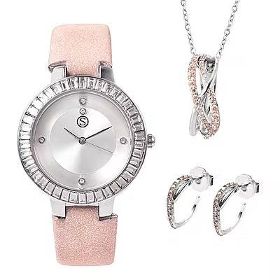 Light Pink Themed Watch and Jewellery Set