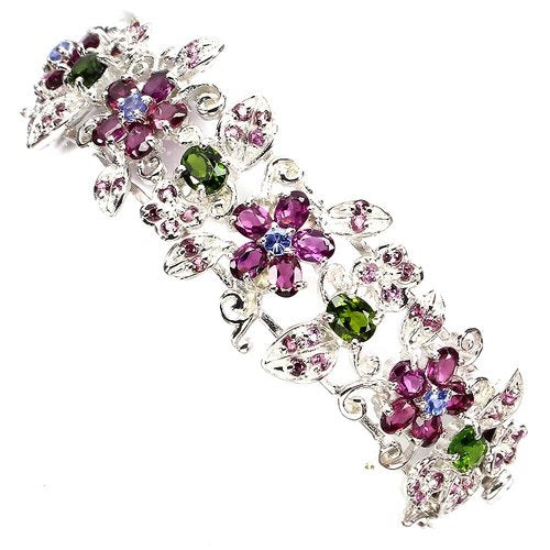 Floral Silver Bangle With Precious Gems