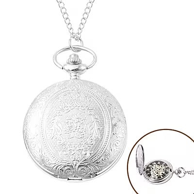 Automatic Mechanical Flower Pattern Pocket Watch with Chain in Silver Tone