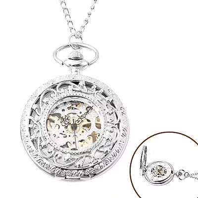 Imposing Star Pattern Skeleton Pocket Watch in Silver Tone