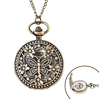 Butterfly and Flower Hollow Out Pocket Watch in Antique Bronze Tone