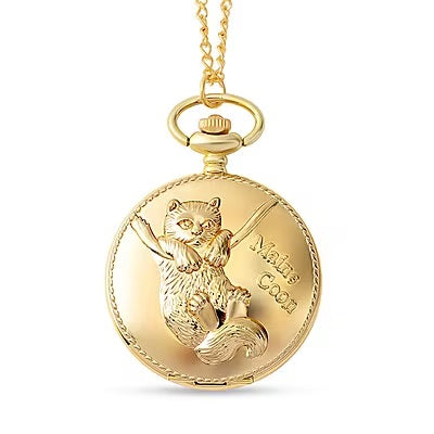 Playful Cat Pattern Pocket Watch in Gold Tone