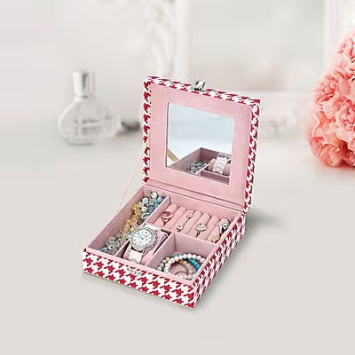 Red and White Houndstooth Pattern Jewellery Box