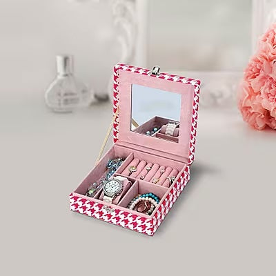 Pink and White Houndstooth Pattern Jewellery Box